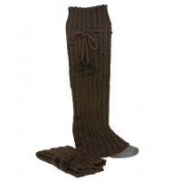 Socks/ Leg Warmers - Knitted Leg Warmers w/ Drawstring Pompom - Brown - SK-F1005BN